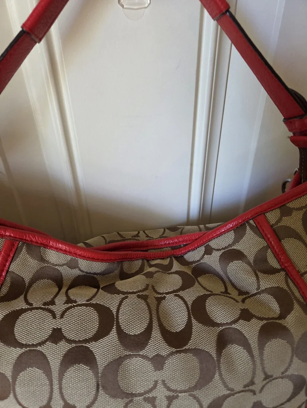 Coach Khaki Signature Canvas Hobo with Red Leather Trim 